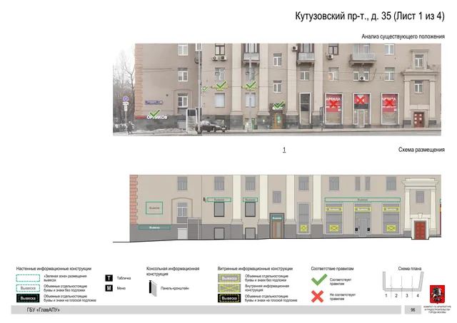 Архитектурная концепция размещения вывесок — Кутузовский проспект, 35, Москва, лист 1 из 4 · Документ по адресу · Архитектурно-художественная концепция · 2019 год