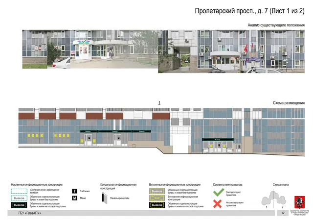 Архитектурная концепция размещения вывесок — Пролетарский проспект, 7, Москва, лист 1 из 2 · Документ по адресу · Архитектурно-художественная концепция · 2020 год