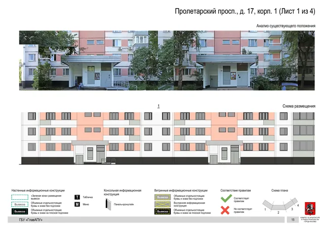 Архитектурная концепция размещения вывесок — Пролетарский проспект, 17, корп. 1, Москва, лист 1 из 4 · Документ по адресу · Архитектурно-художественная концепция · 2020 год