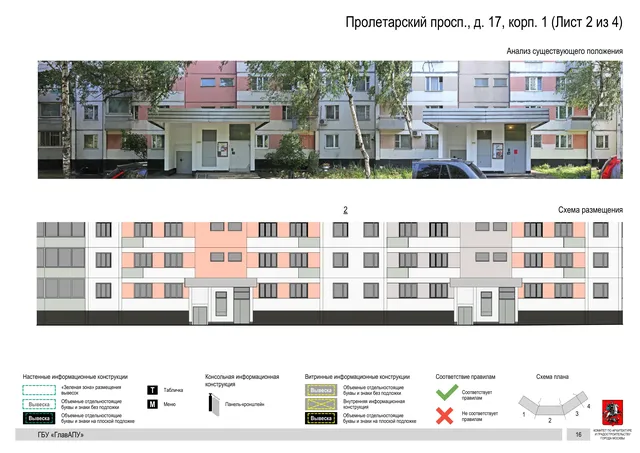 Архитектурная концепция размещения вывесок — Пролетарский проспект, 17, корп. 1, Москва, лист 2 из 4 · Документ по адресу · Архитектурно-художественная концепция · 2020 год