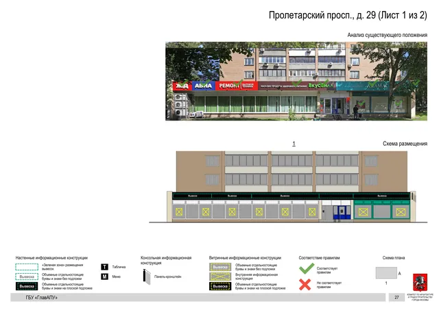 Архитектурная концепция размещения вывесок — Пролетарский проспект, 29, Москва, лист 1 из 2 · Документ по адресу · Архитектурно-художественная концепция · 2020 год