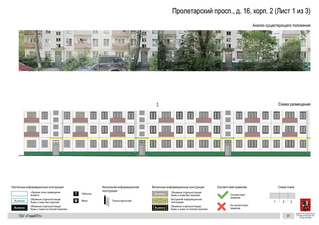 Архитектурная концепция размещения вывесок — Пролетарский проспект, 16, корп. 2, Москва, лист 1 из 3 · Документ по адресу · Архитектурно-художественная концепция · 2020 год