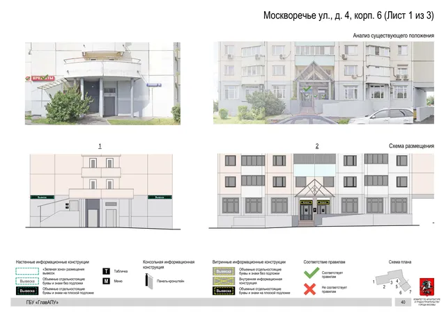 Архитектурная концепция размещения вывесок — Москворечье улица, 4, корп. 6, Москва, лист 1 из 3 · Документ по адресу · Архитектурно-художественная концепция · 2020 год