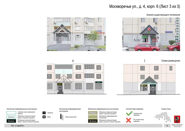 Архитектурная концепция размещения вывесок — Москворечье улица, 4, корп. 6, Москва, лист 3 из 3 · Документ по адресу · Архитектурно-художественная концепция · 2020 год