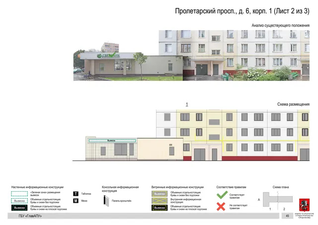 Архитектурная концепция размещения вывесок — Пролетарский проспект, 6, корп. 1, Москва, лист 2 из 3 · Документ по адресу · Архитектурно-художественная концепция · 2020 год