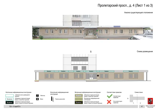 Архитектурная концепция размещения вывесок — Пролетарский проспект, 4, Москва, лист 1 из 3 · Документ по адресу · Архитектурно-художественная концепция · 2020 год