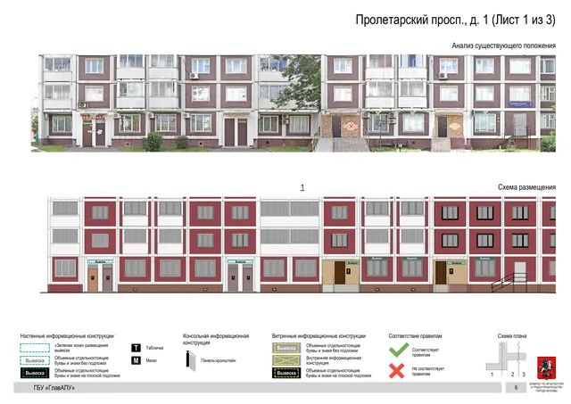 Архитектурная концепция размещения вывесок — Пролетарский проспект, 1, Москва, лист 1 из 3 · Документ по адресу · Архитектурно-художественная концепция · 2020 год