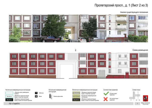 Архитектурная концепция размещения вывесок — Пролетарский проспект, 1, Москва, лист 2 из 3 · Документ по адресу · Архитектурно-художественная концепция · 2020 год