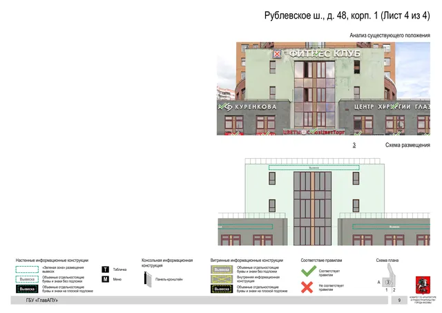 Архитектурная концепция размещения вывесок — Рублевское шоссе, 48, корп. 1, Москва, лист 4 из 4 · Документ по адресу · Архитектурно-художественная концепция · 2020 год