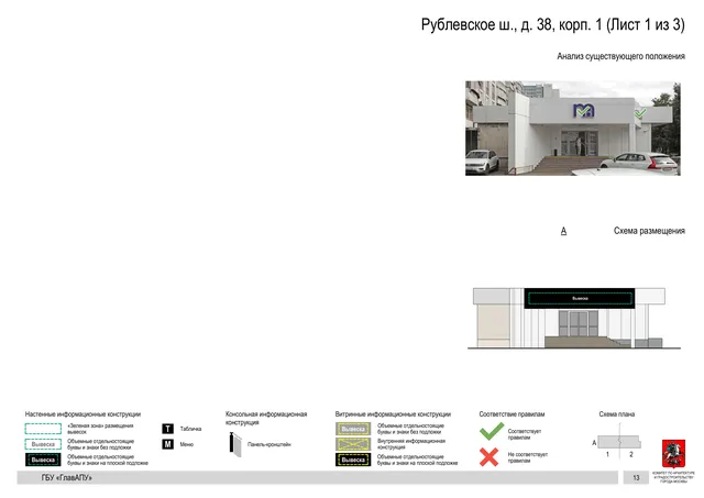 Архитектурная концепция размещения вывесок — Рублевское шоссе, 38, корп. 1, Москва, лист 1 из 3 · Документ по адресу · Архитектурно-художественная концепция · 2020 год