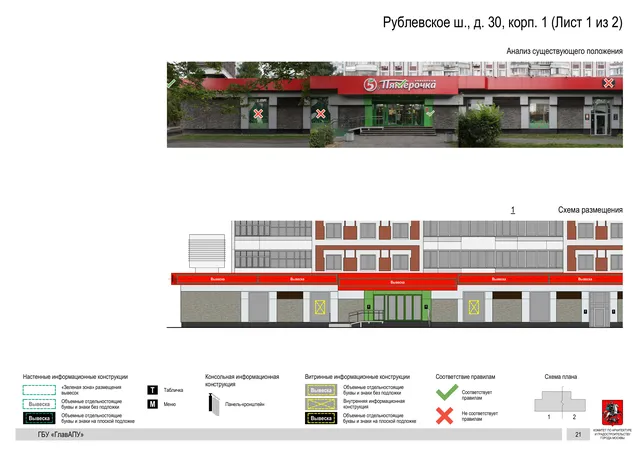 Архитектурная концепция размещения вывесок — Рублевское шоссе, 30, корп. 1, Москва, лист 1 из 2 · Документ по адресу · Архитектурно-художественная концепция · 2020 год
