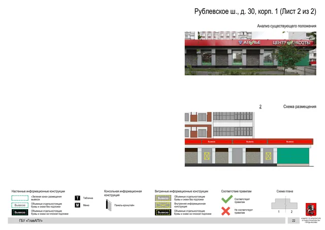 Архитектурная концепция размещения вывесок — Рублевское шоссе, 30, корп. 1, Москва, лист 2 из 2 · Документ по адресу · Архитектурно-художественная концепция · 2020 год