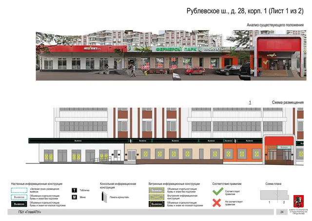 Архитектурная концепция размещения вывесок — Рублевское шоссе, 28, корп. 1, Москва, лист 1 из 2 · Документ по адресу · Архитектурно-художественная концепция · 2020 год