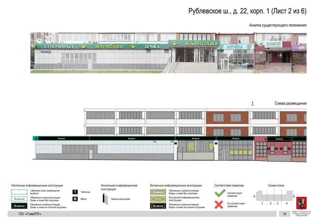 Архитектурная концепция размещения вывесок — Рублевское шоссе, 22, корп. 1, Москва, лист 2 из 6 · Документ по адресу · Архитектурно-художественная концепция · 2020 год