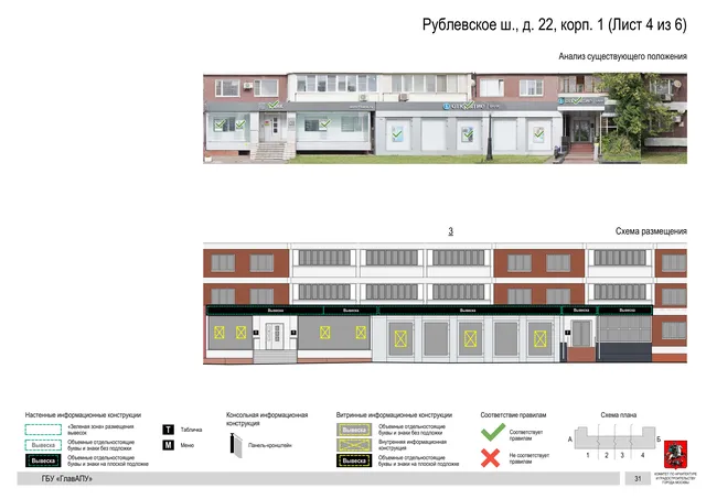 Архитектурная концепция размещения вывесок — Рублевское шоссе, 22, корп. 1, Москва, лист 4 из 6 · Документ по адресу · Архитектурно-художественная концепция · 2020 год