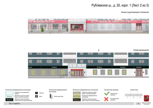 Архитектурная концепция размещения вывесок — Рублевское шоссе, 20, корп. 1, Москва, лист 2 из 3 · Документ по адресу · Архитектурно-художественная концепция · 2020 год
