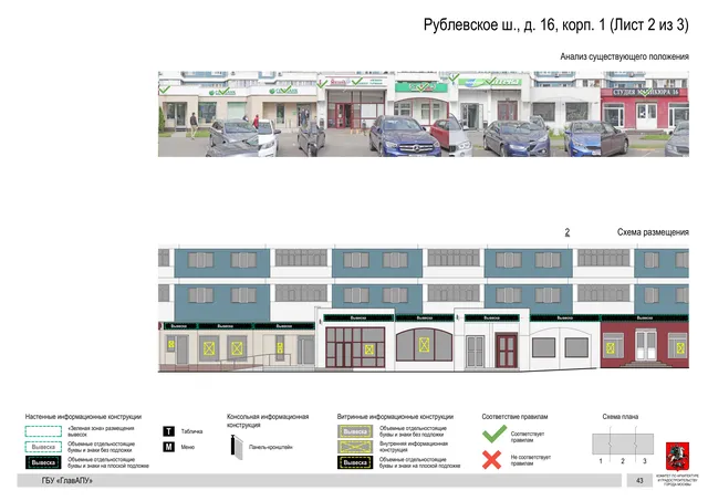Архитектурная концепция размещения вывесок — Рублевское шоссе, 16, корп. 1, Москва, лист 2 из 3 · Документ по адресу · Архитектурно-художественная концепция · 2020 год