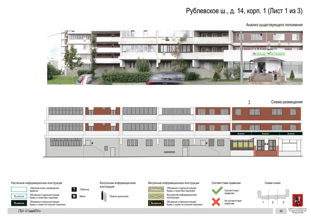 Архитектурная концепция размещения вывесок — Рублевское шоссе, 14, корп. 1, Москва, лист 1 из 3 · Документ по адресу · Архитектурно-художественная концепция · 2020 год