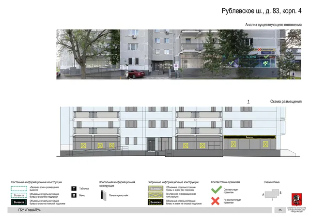 Архитектурная концепция размещения вывесок — Рублевское шоссе, 83, корп. 4, Москва, страница PDF 58 · Документ по адресу · Архитектурно-художественная концепция · 2020 год