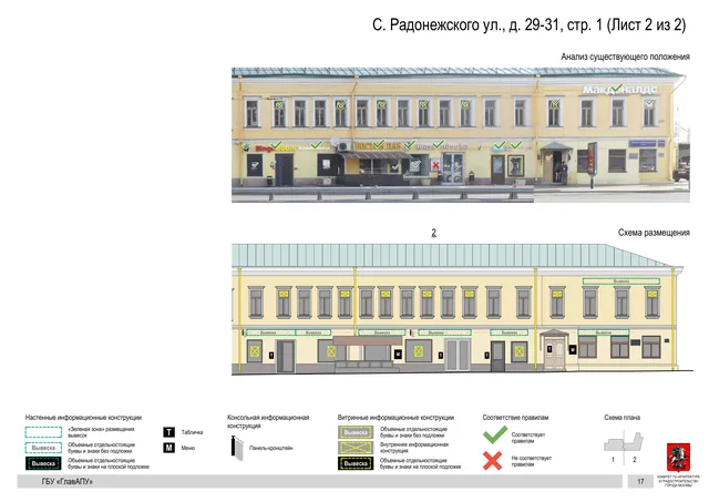 Архитектурная концепция размещения вывесок — С радонежского улица, 29-31, стр. 1, Москва, лист 2 из 2 · Документ по адресу · Архитектурно-художественная концепция · 2019 год