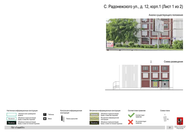 Архитектурная концепция размещения вывесок — С радонежского улица, 12, корп. 1, Москва, лист 1 из 2 · Документ по адресу · Архитектурно-художественная концепция · 2019 год