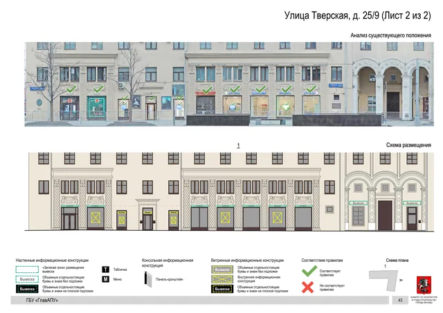 Улица Тверская, д. 25/9 (Лист 2 из 2) · PDF 45 Архитектурная концепция размещения вывесок — Тверская улица, 25/9, Москва, лист 2 из 2 · Документ по адресу · АХК № 2157 от 17.10.2024