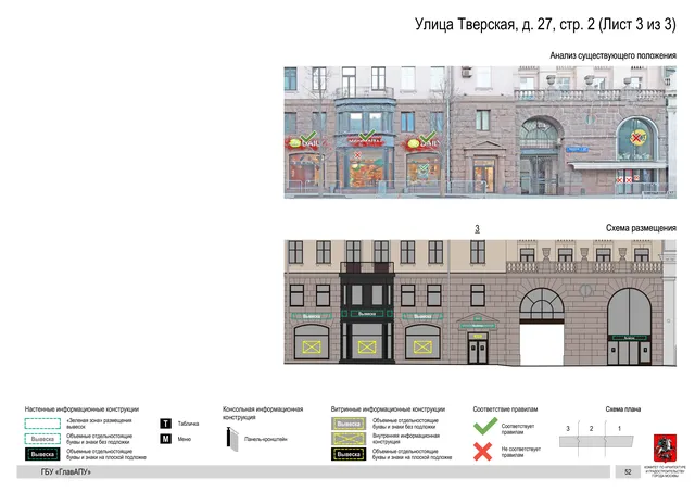 Улица Тверская, д. 27, стр. 2 (Лист 3 из 3) · PDF 54 Архитектурная концепция размещения вывесок — Тверская улица, 27, стр. 2, Москва, лист 3 из 3 · Документ по адресу · АХК № 2157 от 17.10.2024