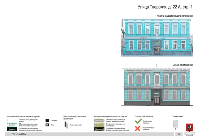 Улица Тверская, д. 22 А, стр. 1 · PDF 69 Архитектурная концепция размещения вывесок — Тверская улица, 22А, стр. 1, Москва, страница PDF 69 · Документ по адресу · АХК № 2157 от 17.10.2024
