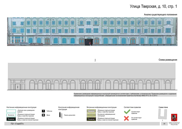 Архитектурная концепция размещения вывесок — Тверская улица, 10, стр. 1, Москва, страница PDF 84 · Документ по адресу · АХК № 2157 от 17.10.2024