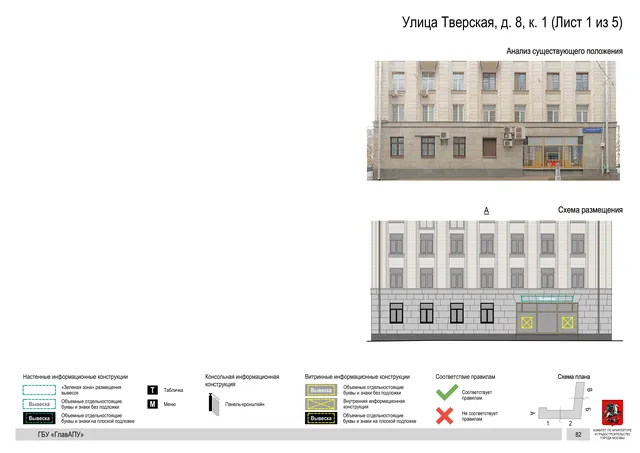 Улица Тверская, д. 8, к. 1 (Лист 1 из 5) · PDF 85 Архитектурная концепция размещения вывесок — Тверская улица, 8, корп. 1, Москва, лист 1 из 5 · Документ по адресу · АХК № 2157 от 17.10.2024