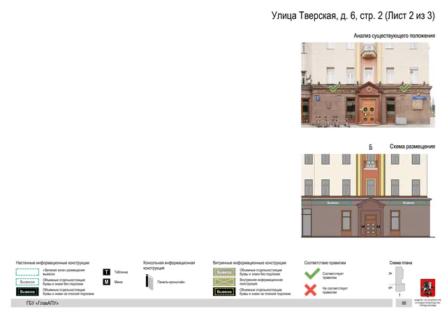 Улица Тверская, д. 6, стр. 2 (Лист 2 из 3) · PDF 91 Архитектурная концепция размещения вывесок — Тверская улица, 6, стр. 2, Москва, лист 2 из 3 · Документ по адресу · АХК № 2157 от 17.10.2024