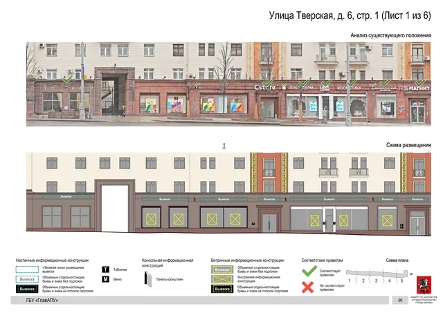 Улица Тверская, д. 6, стр. 1 (Лист 1 из 6) · PDF 93 Архитектурная концепция размещения вывесок — Тверская улица, 6, стр. 1, Москва, лист 1 из 6 · Документ с наиболее поздней установленной датой · АХК № 2157 от 17.10.2024