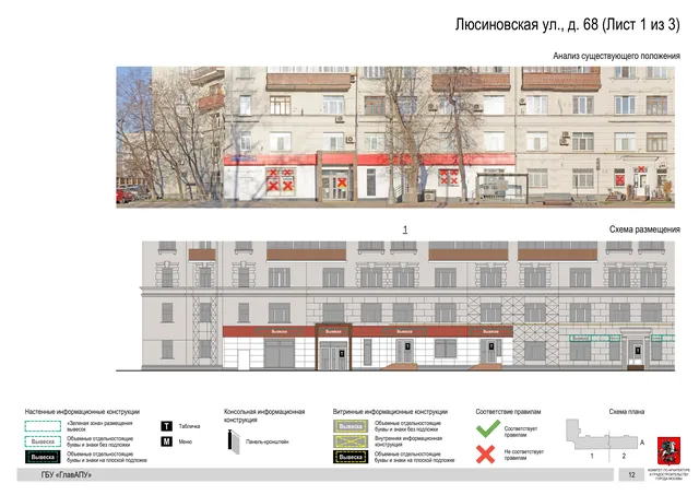 Архитектурная концепция размещения вывесок — Люсиновская улица, 68, Москва, лист 1 из 3 · Документ по адресу · Архитектурно-художественная концепция · 2019 год