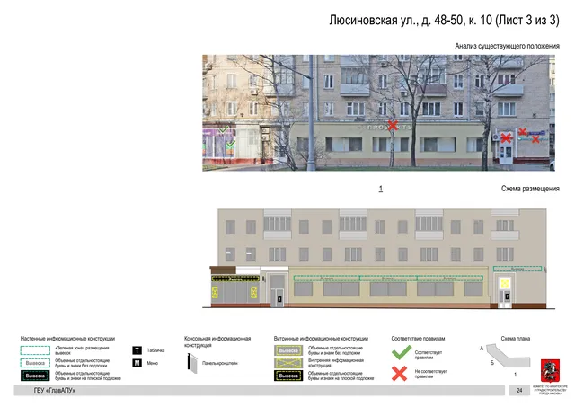 Архитектурная концепция размещения вывесок — Люсиновская улица, 48-50, корп. 10, Москва, лист 3 из 3 · Документ по адресу · Архитектурно-художественная концепция · 2019 год