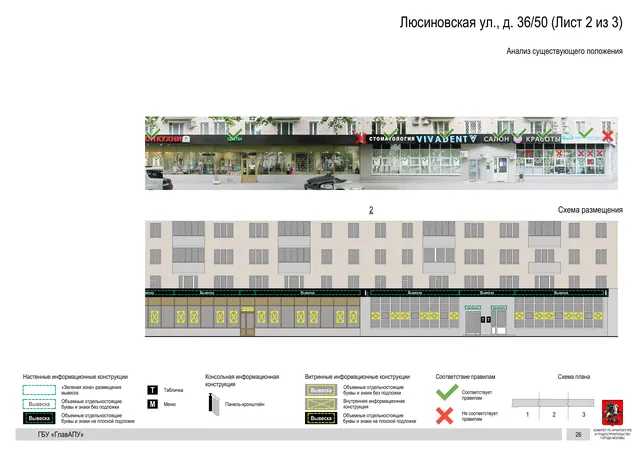 Архитектурная концепция размещения вывесок — Люсиновская улица, 36/50, Москва, лист 2 из 3 · Документ по адресу · Архитектурно-художественная концепция · 2019 год