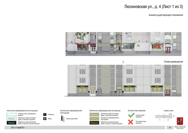 Архитектурная концепция размещения вывесок — Люсиновская улица, 4, Москва, лист 1 из 3 · Документ по адресу · Архитектурно-художественная концепция · 2019 год
