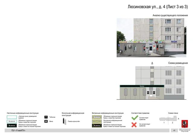Архитектурная концепция размещения вывесок — Люсиновская улица, 4, Москва, лист 3 из 3 · Документ по адресу · Архитектурно-художественная концепция · 2019 год