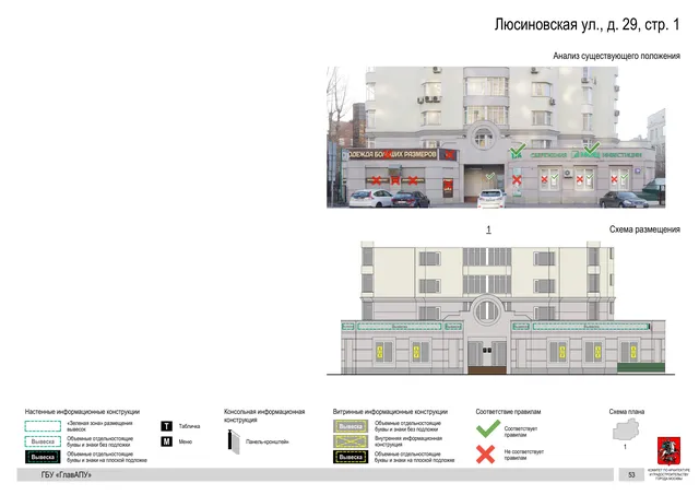 Архитектурная концепция размещения вывесок — Люсиновская улица, 29, стр. 1, Москва, страница PDF 56 · Документ по адресу · Архитектурно-художественная концепция · 2019 год