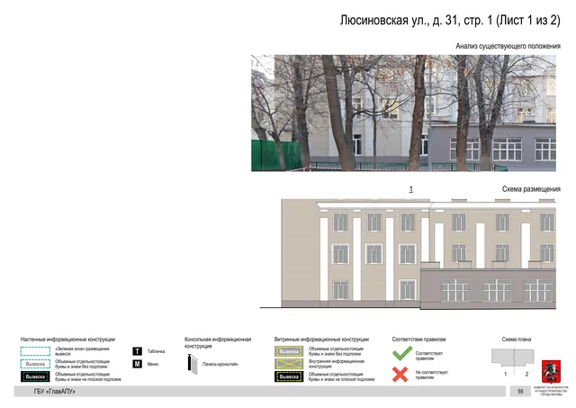 Архитектурная концепция размещения вывесок — Люсиновская улица, 31, стр. 1, Москва, лист 1 из 2 · Документ по адресу · Архитектурно-художественная концепция · 2019 год