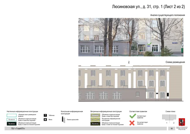 Архитектурная концепция размещения вывесок — Люсиновская улица, 31, стр. 1, Москва, лист 2 из 2 · Документ по адресу · Архитектурно-художественная концепция · 2019 год