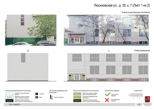 Архитектурная концепция размещения вывесок — Люсиновская улица, 35, корп. 7, Москва, лист 1 из 2 · Документ по адресу · Архитектурно-художественная концепция · 2019 год