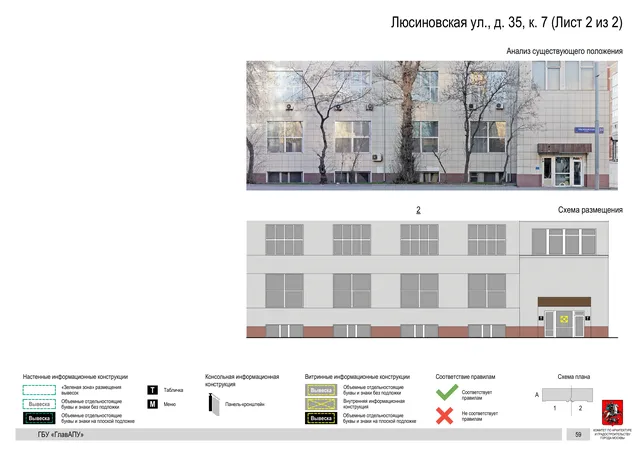 Архитектурная концепция размещения вывесок — Люсиновская улица, 35, корп. 7, Москва, лист 2 из 2 · Документ по адресу · Архитектурно-художественная концепция · 2019 год