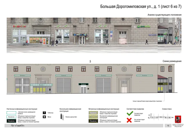 Архитектурная концепция размещения вывесок — Большая дорогомиловская улица, 1, Москва, лист 6 из 7 · Документ по адресу · Архитектурно-художественная концепция · 2019 год