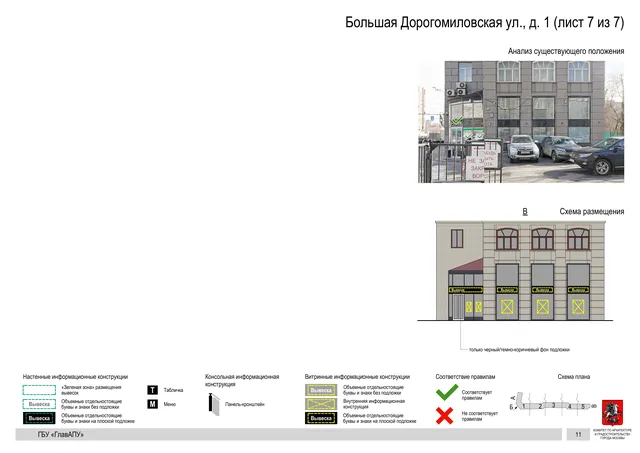 Архитектурная концепция размещения вывесок — Большая дорогомиловская улица, 1, Москва, лист 7 из 7 · Документ по адресу · Архитектурно-художественная концепция · 2019 год