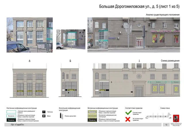Архитектурная концепция размещения вывесок — Большая дорогомиловская улица, 5, Москва, лист 1 из 5 · Документ по адресу · Архитектурно-художественная концепция · 2019 год