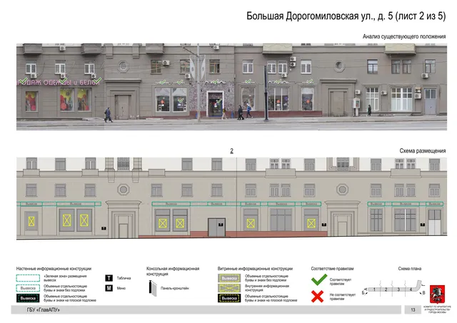 Архитектурная концепция размещения вывесок — Большая дорогомиловская улица, 5, Москва, лист 2 из 5 · Документ по адресу · Архитектурно-художественная концепция · 2019 год