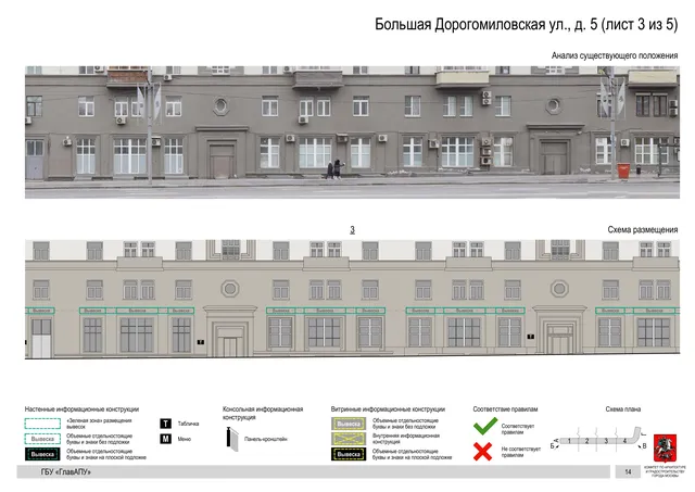 Архитектурная концепция размещения вывесок — Большая дорогомиловская улица, 5, Москва, лист 3 из 5 · Документ по адресу · Архитектурно-художественная концепция · 2019 год