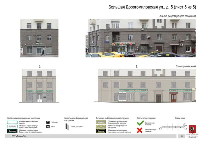 Архитектурная концепция размещения вывесок — Большая дорогомиловская улица, 5, Москва, лист 5 из 5 · Документ по адресу · Архитектурно-художественная концепция · 2019 год