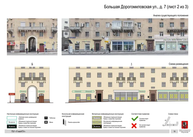 Архитектурная концепция размещения вывесок — Большая дорогомиловская улица, 7, Москва, лист 2 из 3 · Документ по адресу · Архитектурно-художественная концепция · 2019 год