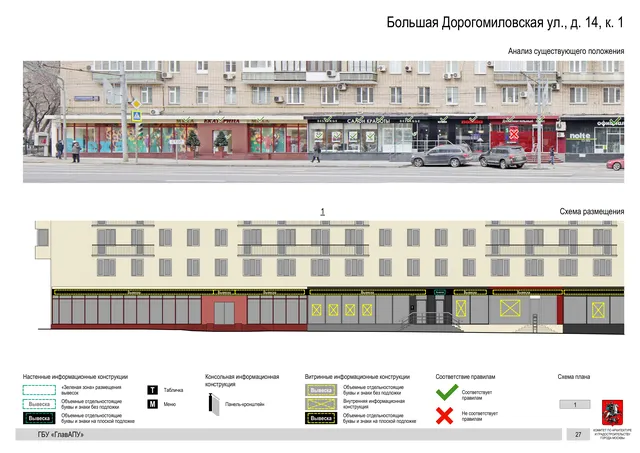 Архитектурная концепция размещения вывесок — Большая дорогомиловская улица, 14, корп. 1, Москва, страница PDF 30 · Документ по адресу · Архитектурно-художественная концепция · 2019 год